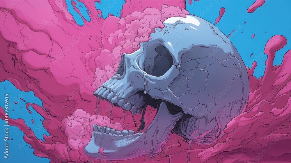 Aufkleber pixelated skull engulfed in pink cloud against a vibrant blue backdrop evoking digital art style wit