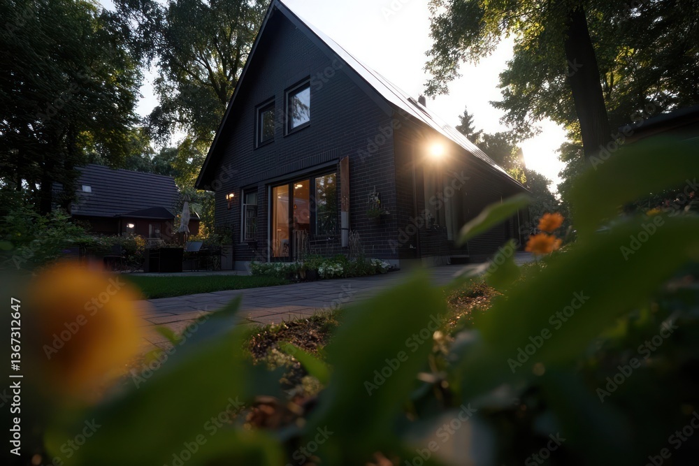Poster exterior view of a wooden cabin at sunset with warm sunlight filtering through trees and foliage cre