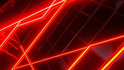 Naklejka premium Abstract Red Neon Lines on Dark Geometric Background – Futuristic Tech Style