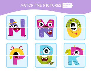 Matching children educational game. Match parts of monster letters. Activity for pre sсhool years kids and toddlers.