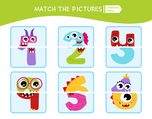 Matching children educational game. Match parts of monster numbers. Activity for pre sсhool years kids and toddlers.