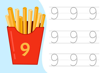 Kids learning material. Worksheet for learning numbers. Number 9.