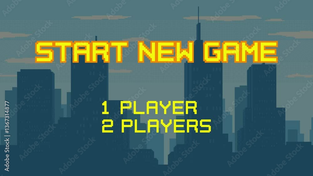 Poster animated start new game screen with player selection on cityscape background. retro arcade style men