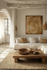 Minimalist Boho Living Room with Large White Wall, Wooden Coffee Table, Beige Sofa, Central Hanging Light, and Abstract Art Above Couch