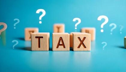TAX  Day  Wooden letter blocks spelling TAX, blue background, fists raised in protest, financial concept, income tax, taxation frustration, minimalist composition, shallow depth of field, macro 