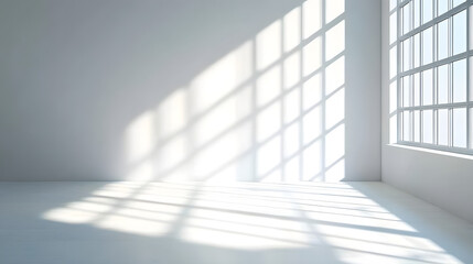 A clean, white room with sunlight streaming in through the window, casting shadows on an empty wall