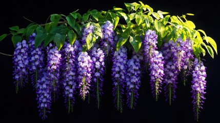 Obraz premium A vibrant display of cascading purple wisteria flowers against a dark background.