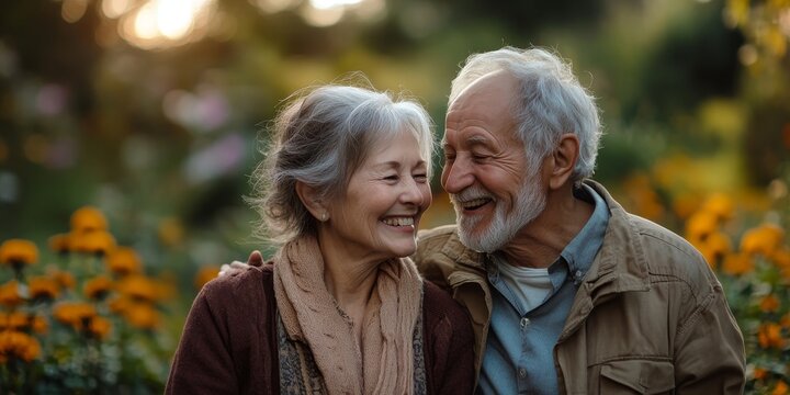 Vibrant snapshot of a joyful elderly couple sharing genuine laughter in a lush garden, radiating pure happiness and love under natural sunlight. Generative AI