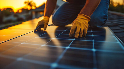 Fototapeta premium A construction worker installing solar panels on a rooftop at sunset, ideal for renewable energy campaigns, home improvement projects, and sustainability promotions.