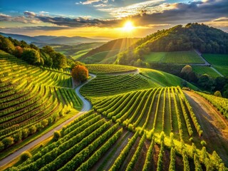 Fototapeta premium Aerial View of Serene Hillside Vineyard, Lush Green Vines, Tranquil Landscape