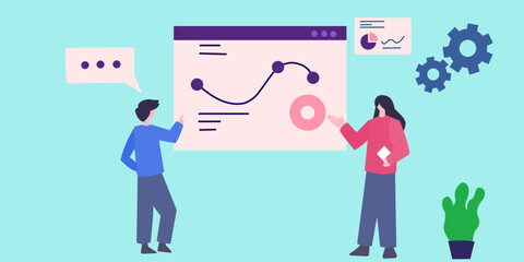 business woman and business graph stats graph vector illustration with style flat design 