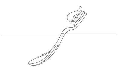 Continuous single line of toothbrush and tooth paste dental care tool equipment mouth cleaning sketch drawing editable stroke vector illustration