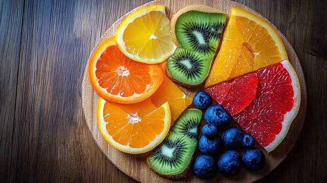 A real-world pie chart represented by fruit slices arranged on a wooden table