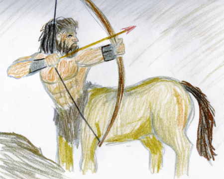 Centaur archer aiming his bow in a mystical landscape at dusk