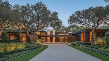 Fototapeta premium luxurious modern home blending seamlessly into a wooded landscape with a long driveway leading to a grand entrance and illuminated windows