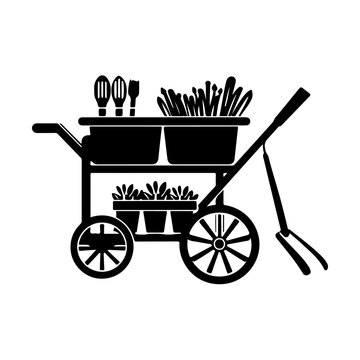 black garden cart with tools and plants clip art preview