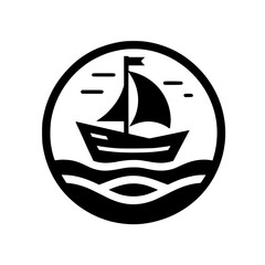 Minimalist Sailing Icon: Boat on Waves Inside a Circle