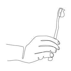 Continuous single line of hand holding toothbrush and tooth paste dental care tool equipment mouth cleaning sketch drawing editable stroke vector illustration