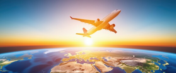 Naklejka premium Airplane soaring above earth at sunrise with copy space
