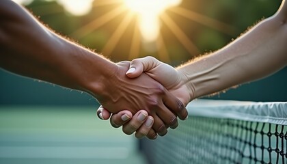 Close-up of two people shaking hands over tennis net at sunset, symbolizing sportsmanship and friendship