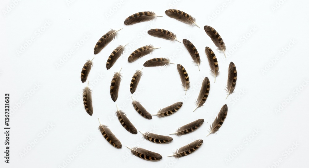 Poster circular arrangement of brown and black bird feathers on white background: a study in pattern and te