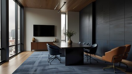 Modern living room and dining area with stylish furniture and office elements in a luxurious, empty apartment