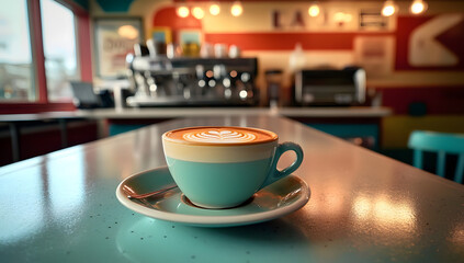 Fototapeta premium Cappuccino on a vintage counter with a classic 1950s diner background.