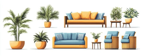 collection Set of different styles of outdoor seats and tree pot in modern design cutouts isolated on white background. Generative AI