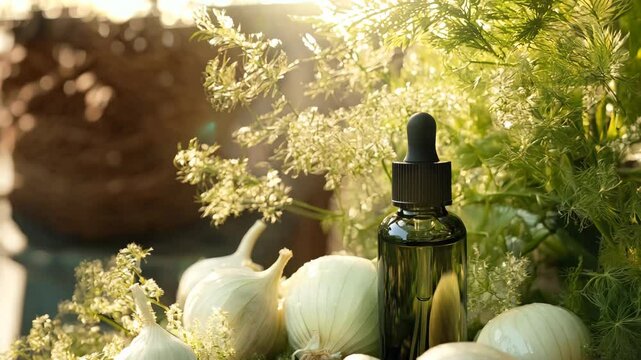 A dark glass dropper bottle of herbal essential oil surrounded by fresh white garlic bulbs and delicate flowering herbs in warm, natural sunlight. The rustic composition highlights the organic