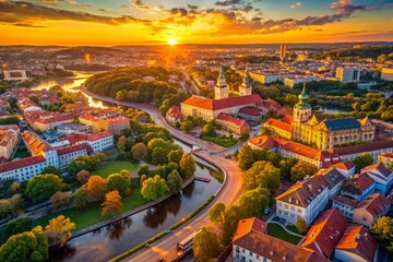 Fototapeta premium Aerial View of Vilnius, Lithuania: Panoramic Cityscape at Sunset