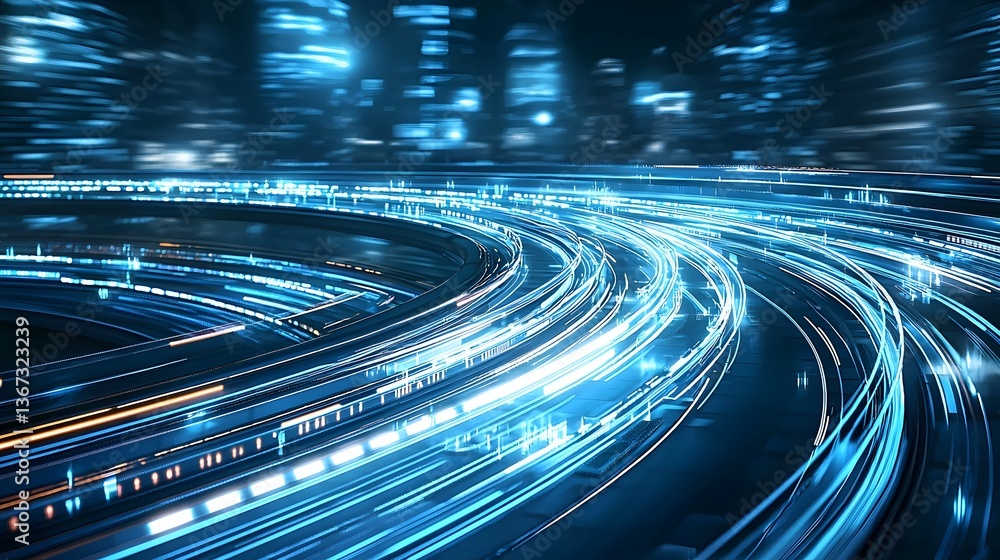 Poster exhilarating image of a high tech racing arena with a neon lit track and dynamic motion blur effects