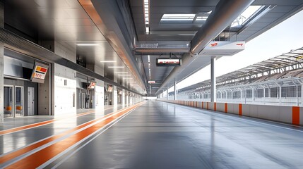 Fototapeta premium Sleek and sophisticated motorsport racing circuit with high end hospitality suites and advanced safety barriers designed for spectator comfort and driver protection during high speed competition