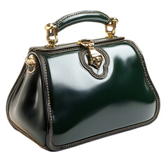 Green Leather Handbag with Gold Handle Isolated on Transparent Background