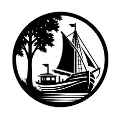 Silhouette: Sailing Vessel by the Shoreline within a Circle