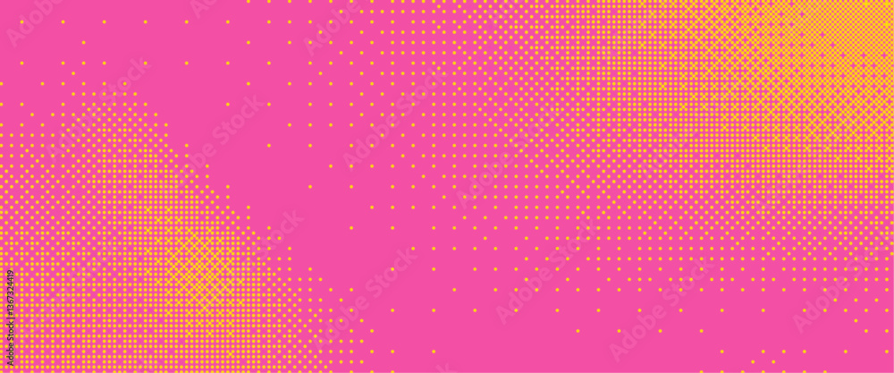 Poster Pixelated bitmap gradient texture in yellow and pink color.  Retro pixel art, glitch dither pattern, 8 bit background. Leisure or arcade games duotone border frame. Vector illustration
