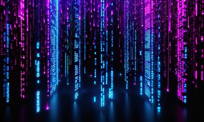 Glowing blue and purple data streams fall vertically in a digital matrix-style cyberspace, symbolizing coding and virtual networks.