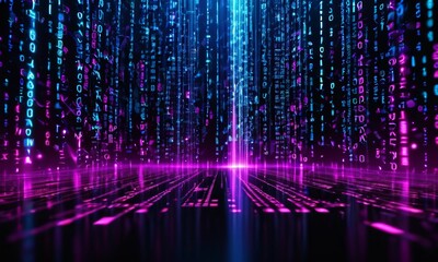 Glowing blue purple data streams fall vertically in a digital cyberspace, symbolizing coding and virtual networks.