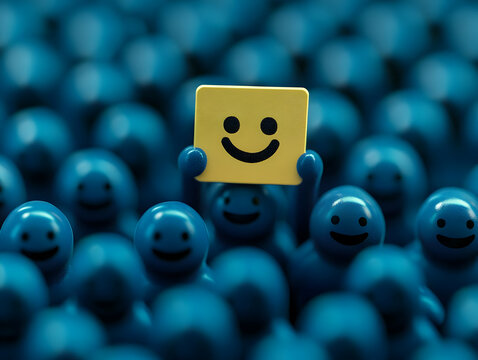 Photo of Person Holding Yellow Smiley Symbol Above Blue Smiling Figures