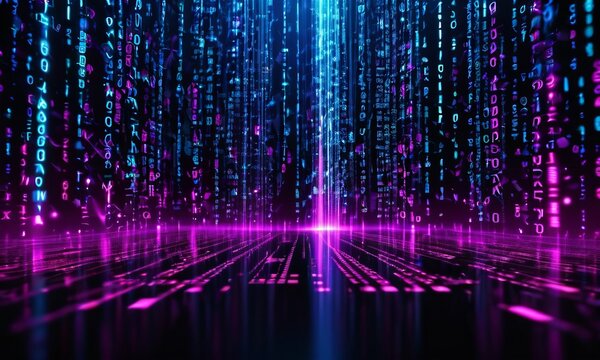 Glowing blue purple data streams fall vertically in a digital cyberspace, symbolizing coding and virtual networks.