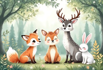 Fototapeta premium Group of animals, including a rabbit, a deer, and a fox