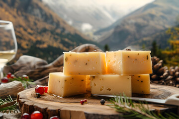 Tantalizing Display of Aromatic Yak Cheese Amidst a Scenic Mountainous Backdrop