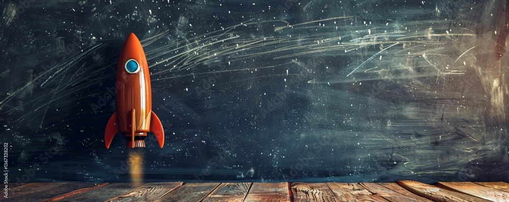 Poster red toy spaceship taking off in front of a dark blackboard, symbolizing new challenges and beginning