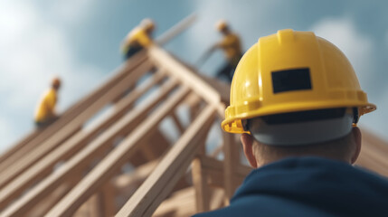 Construction workers assembling a roof structure on a sunny day at a construction site