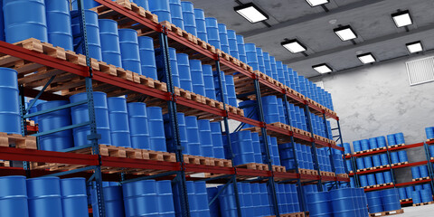 Blue barrel drums are stacked on wooden pallets on shelves. Concept of chemical industry, petroleum...