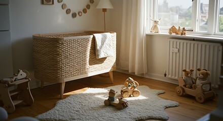 Cozy Nursery Interior with Wicker Crib and Wooden Toys in Sunlight