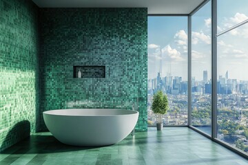 Fototapeta premium Modern Bathroom with Green Mosaic Tile, Round Tub, Large Window & Cityscape View