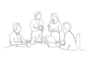 continuous line drawing of  business team concept discussing and celebrating success.