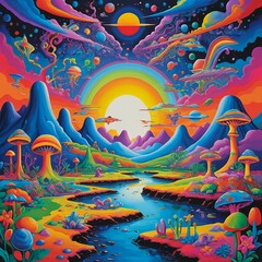 Psychedelic Landscape with Rainbow and Mushrooms