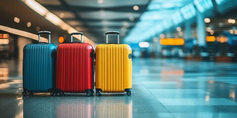 luggage suitcases at the airport wide banner with copy space area for vacations and holiday travel concepts