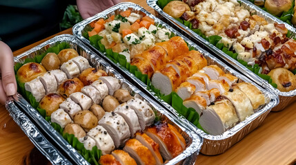 Photo of Variety of Prepared Chicken Dishes in Foil Trays on Wooden